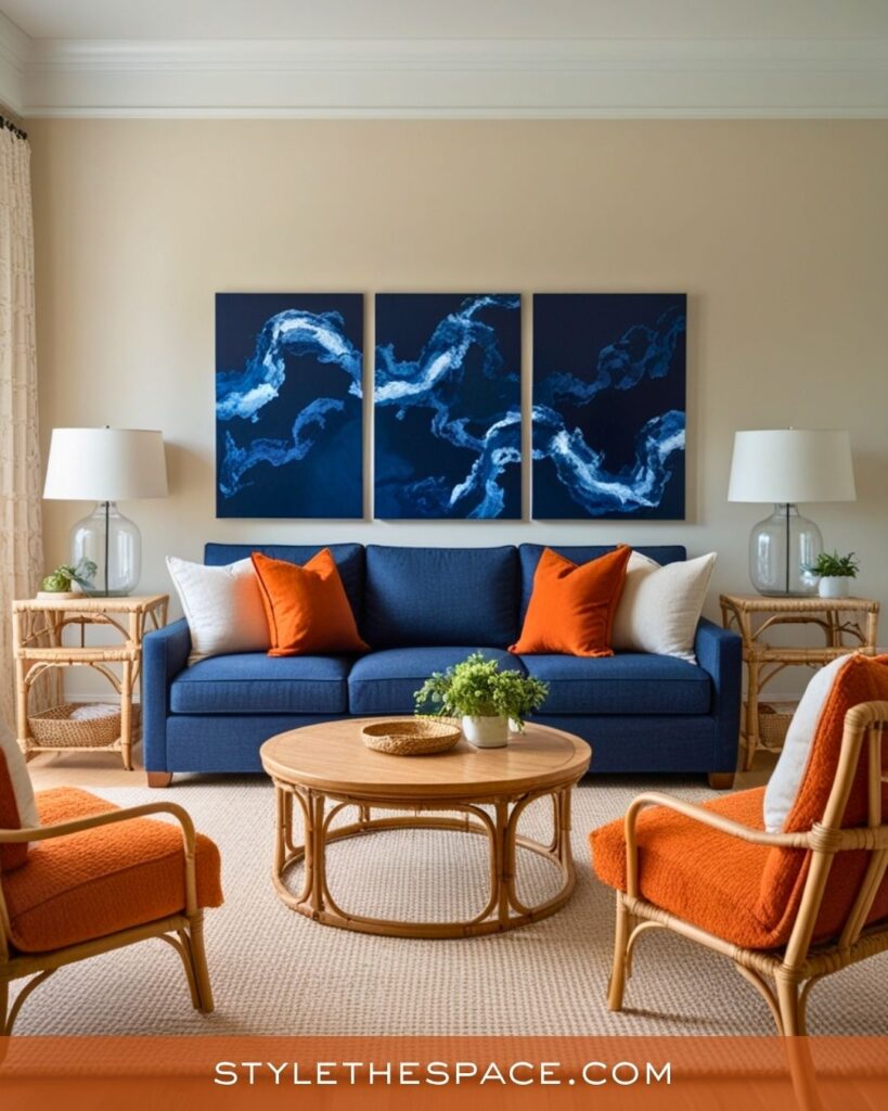 navy blue and burnt orange living room