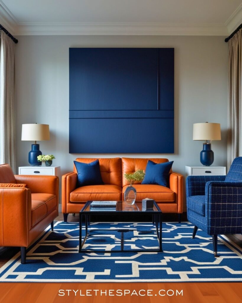 navy blue and burnt orange living room