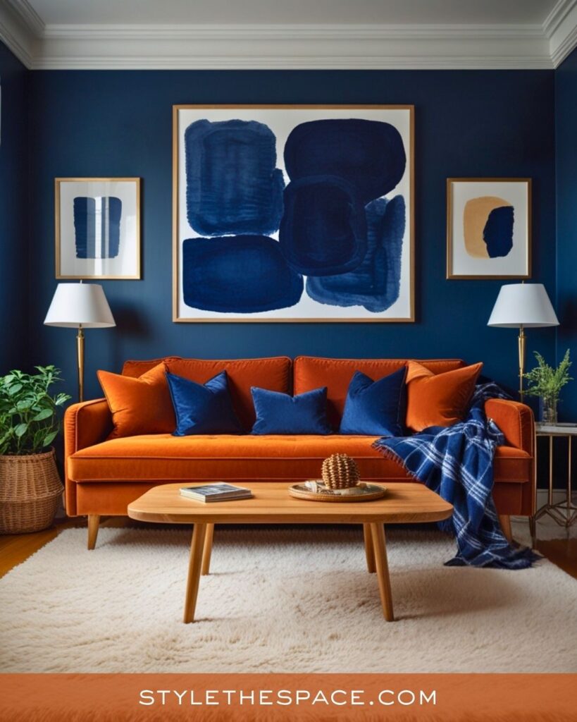 navy blue and burnt orange living room