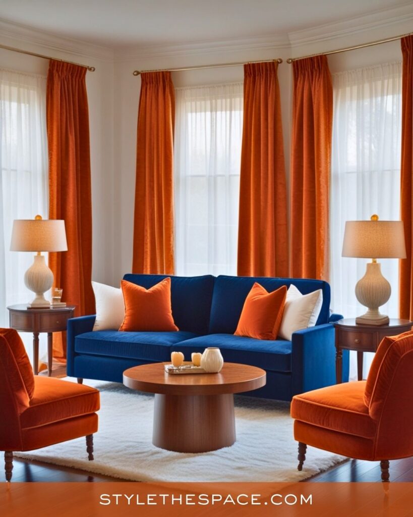 navy blue and burnt orange living room