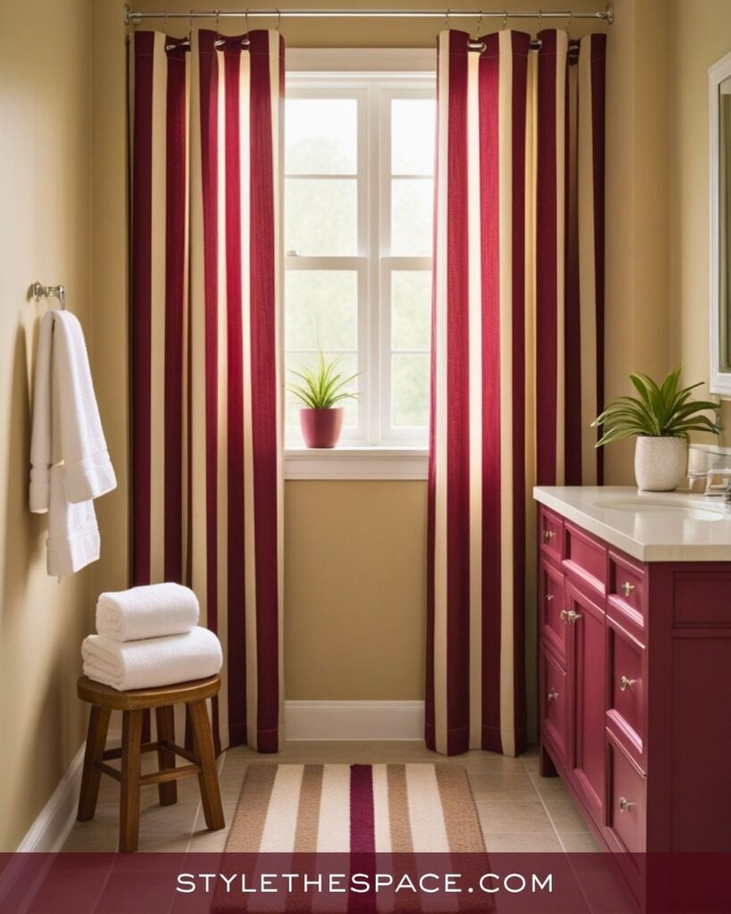 Cozy Beige and Burgundy Bathroom with Striped Accents