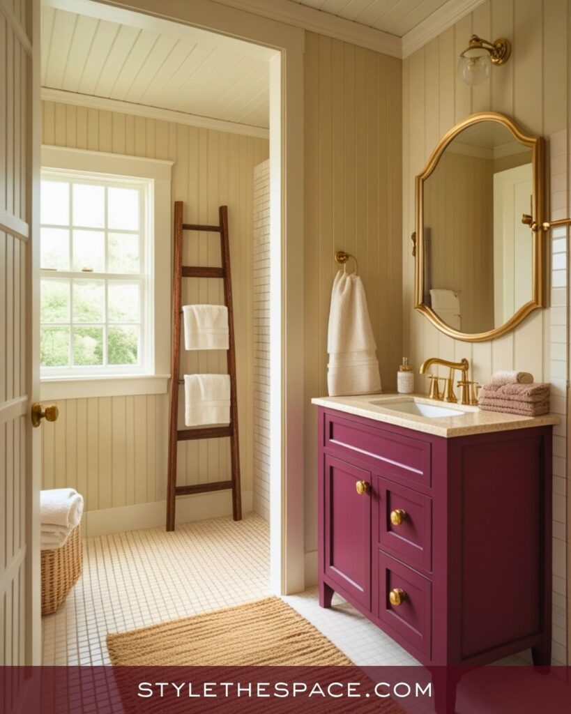 Warm Beige and Burgundy Bathroom with Classic Charm