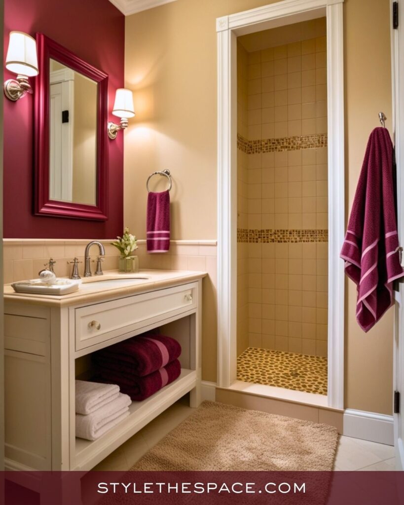 Inviting Beige and Burgundy Bathroom Design