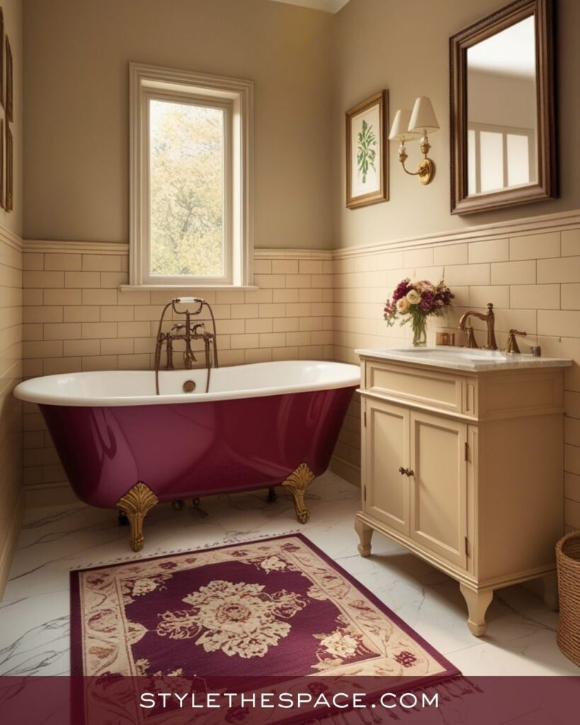 Elegant Beige and Burgundy Bathroom with Vintage Touches