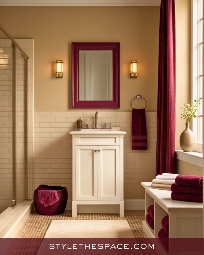 Timeless Beige and Burgundy Bathroom Decor