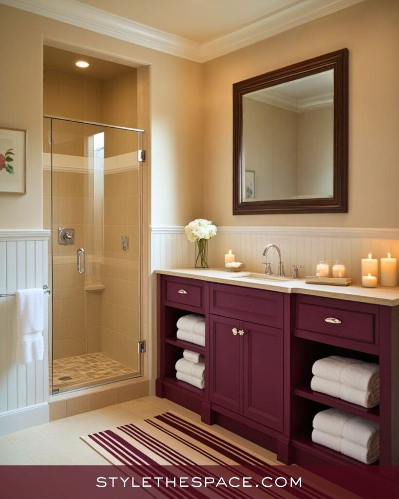 Elegant Beige and Burgundy Bathroom Design