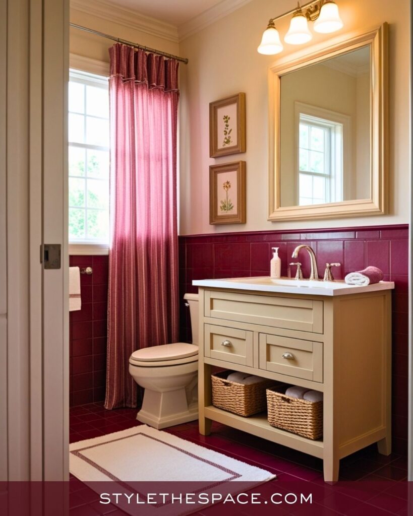 Warm Beige and Burgundy Bathroom Style