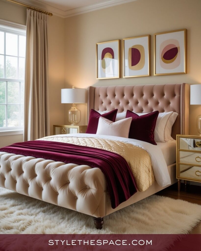 beige and burgundy bedroom