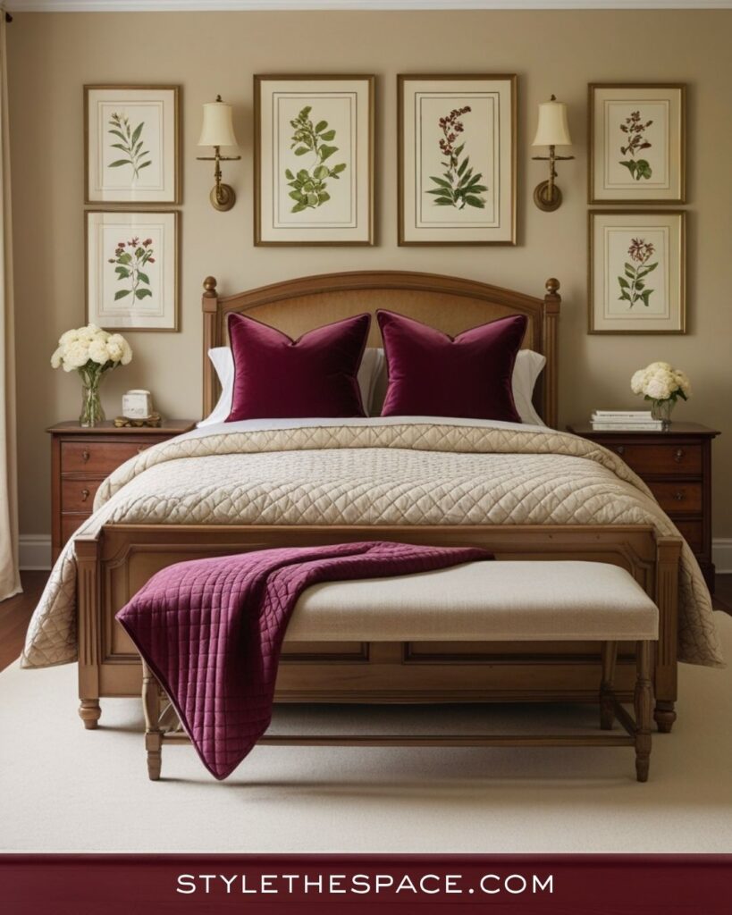 beige and burgundy bedroom