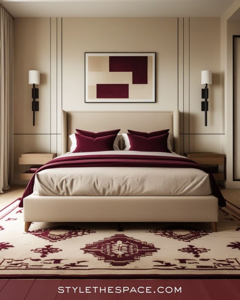beige and burgundy bedroom