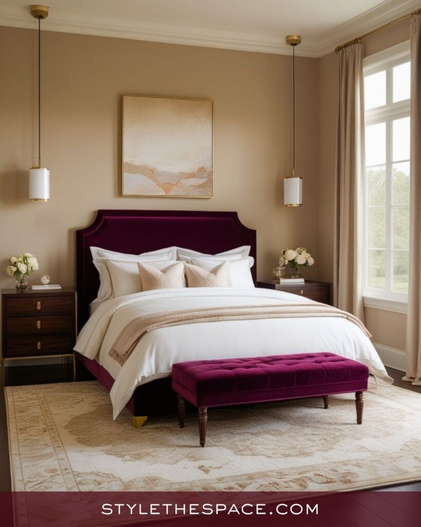 beige and burgundy bedroom