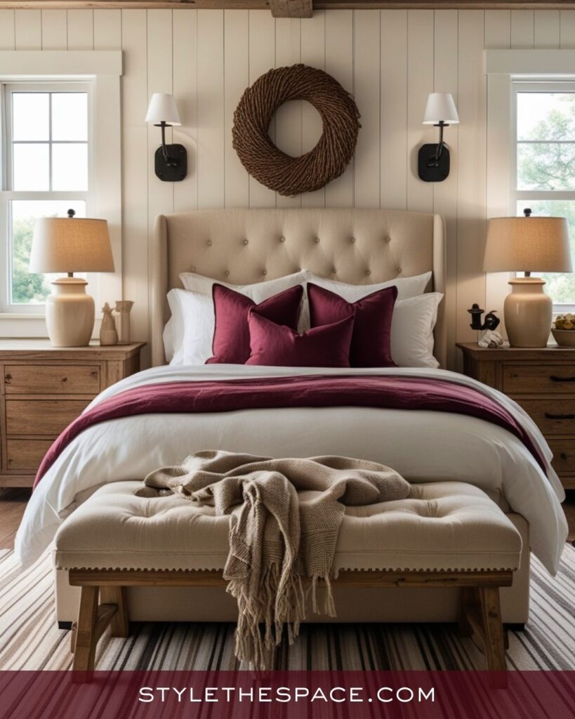 beige and burgundy bedroom