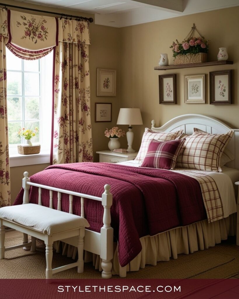 beige and burgundy bedroom
