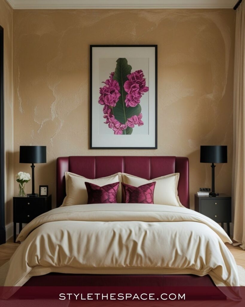 beige and burgundy bedroom