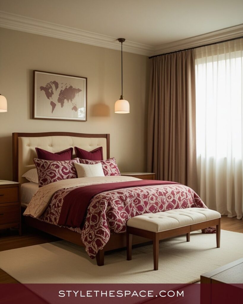 beige and burgundy bedroom