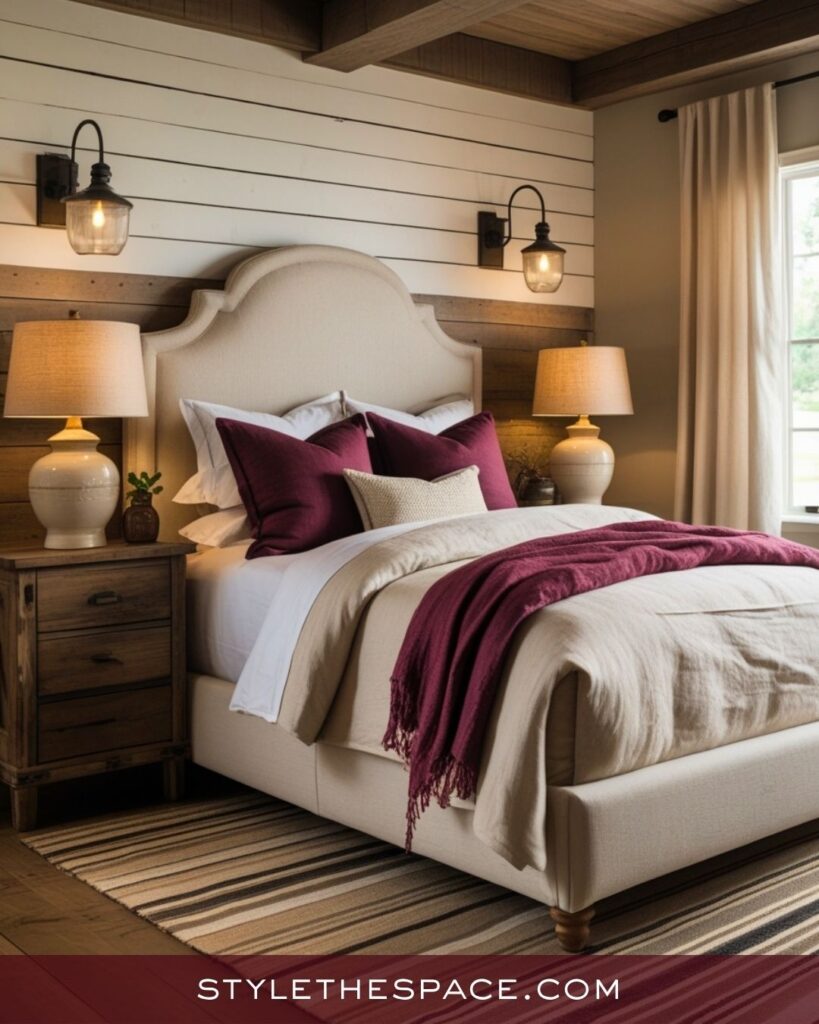 beige and burgundy bedroom