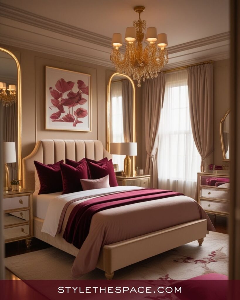 beige and burgundy bedroom