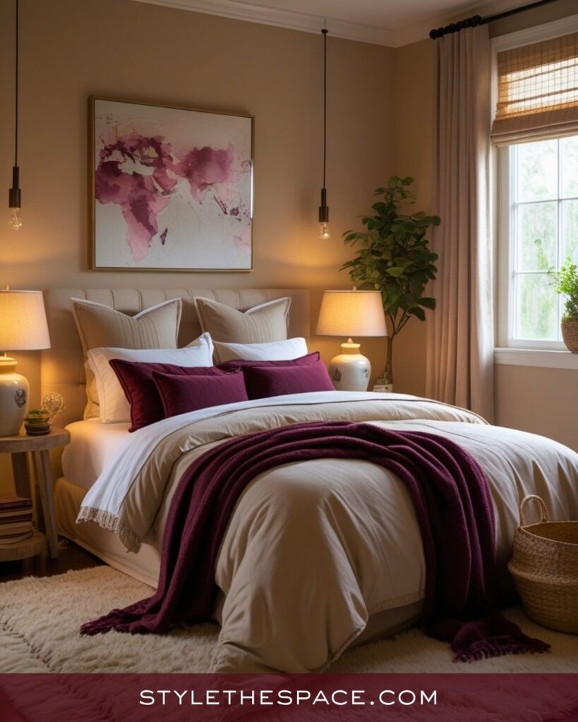 beige and burgundy bedroom