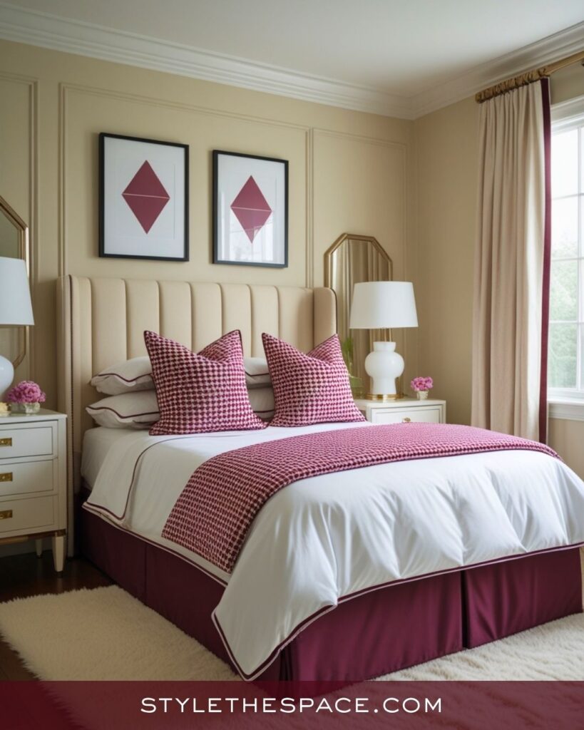 beige and burgundy bedroom