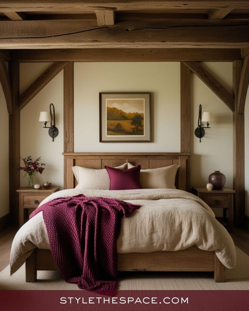 beige and burgundy bedroom