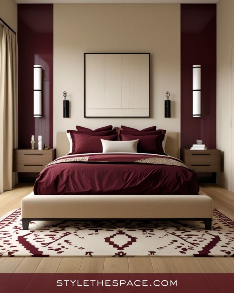 beige and burgundy bedroom