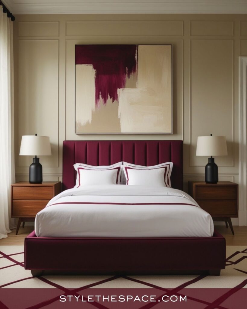 beige and burgundy bedroom