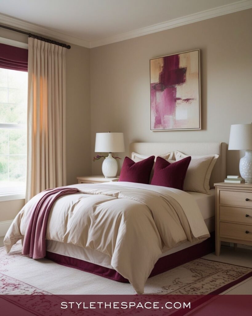 beige and burgundy bedroom