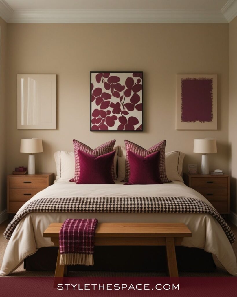 beige and burgundy bedroom