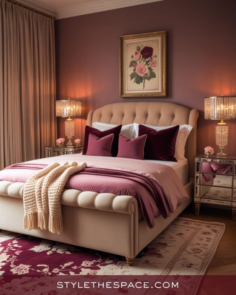 beige and burgundy bedroom