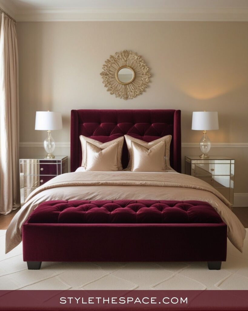 beige and burgundy bedroom