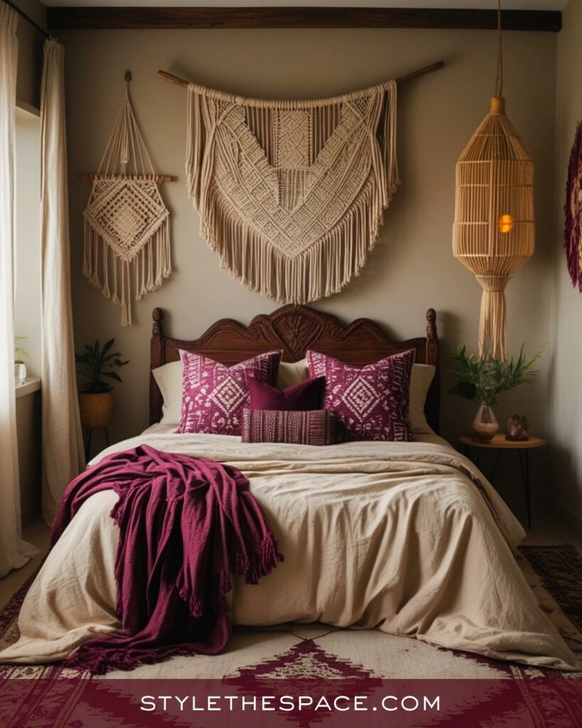 beige and burgundy bedroom