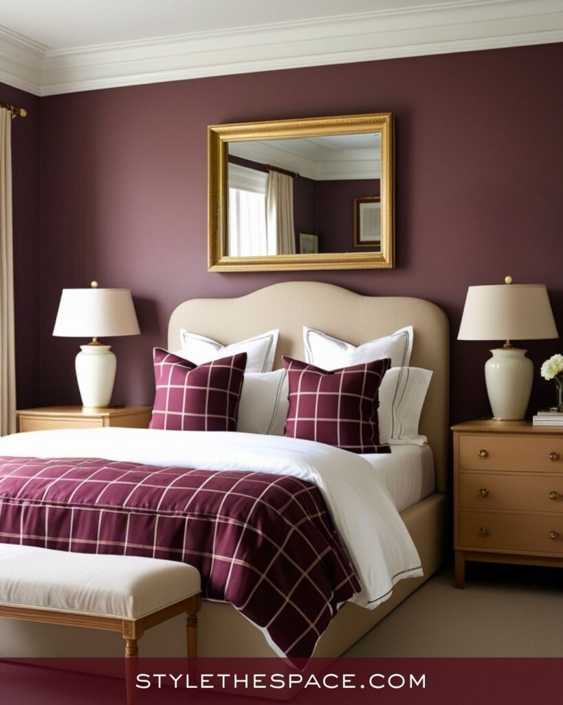 beige and burgundy bedroom