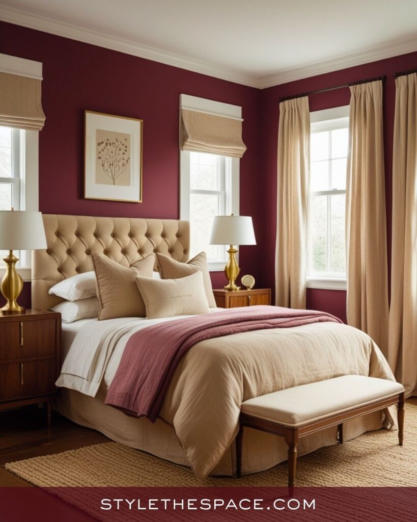beige and burgundy bedroom