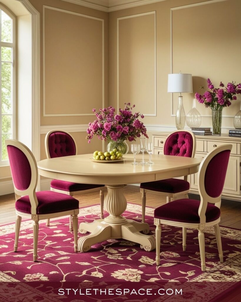 Classic Beige and Burgundy Dining Room Elegance