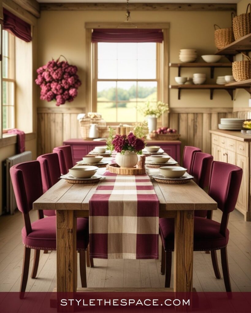 Cozy Farmhouse Beige and Burgundy Dining Room