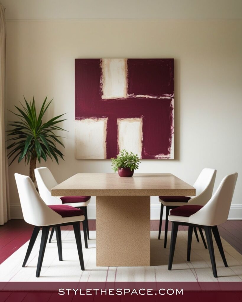 Minimal Beige and Burgundy Dining Room Style