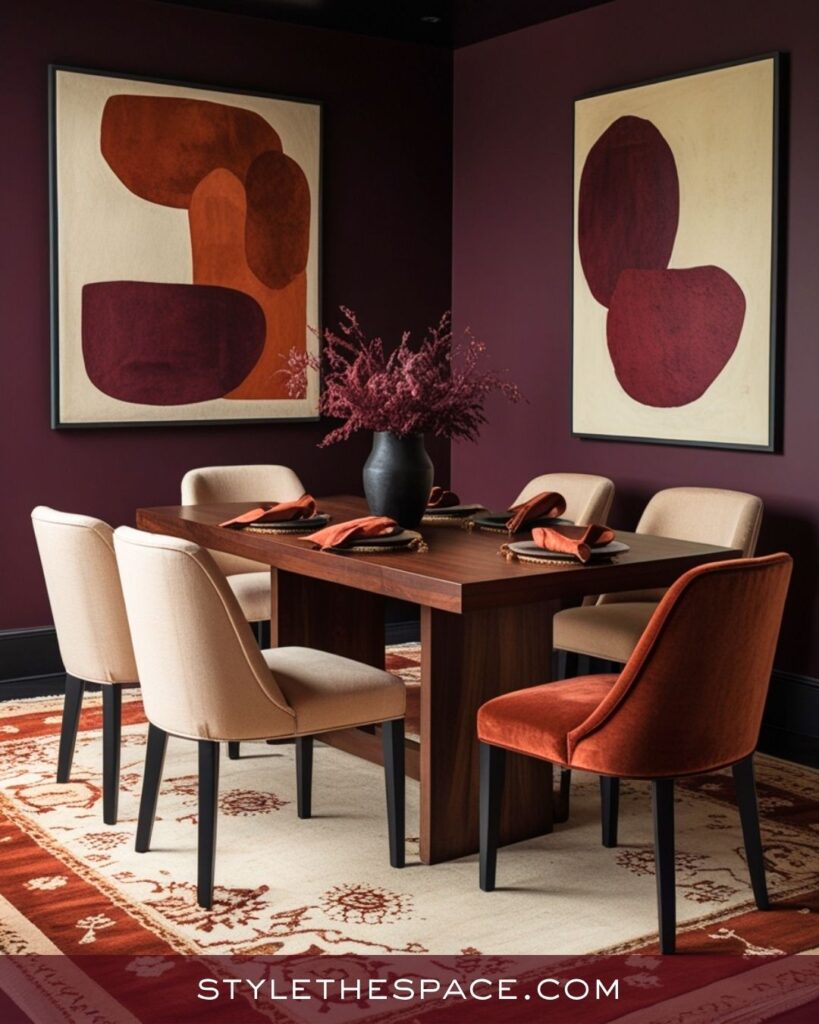 Contemporary Beige and Burgundy Dining Room Look