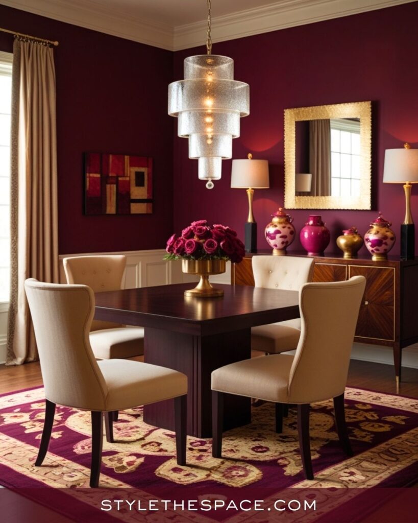 Glamorous Beige and Burgundy Dining Room Design