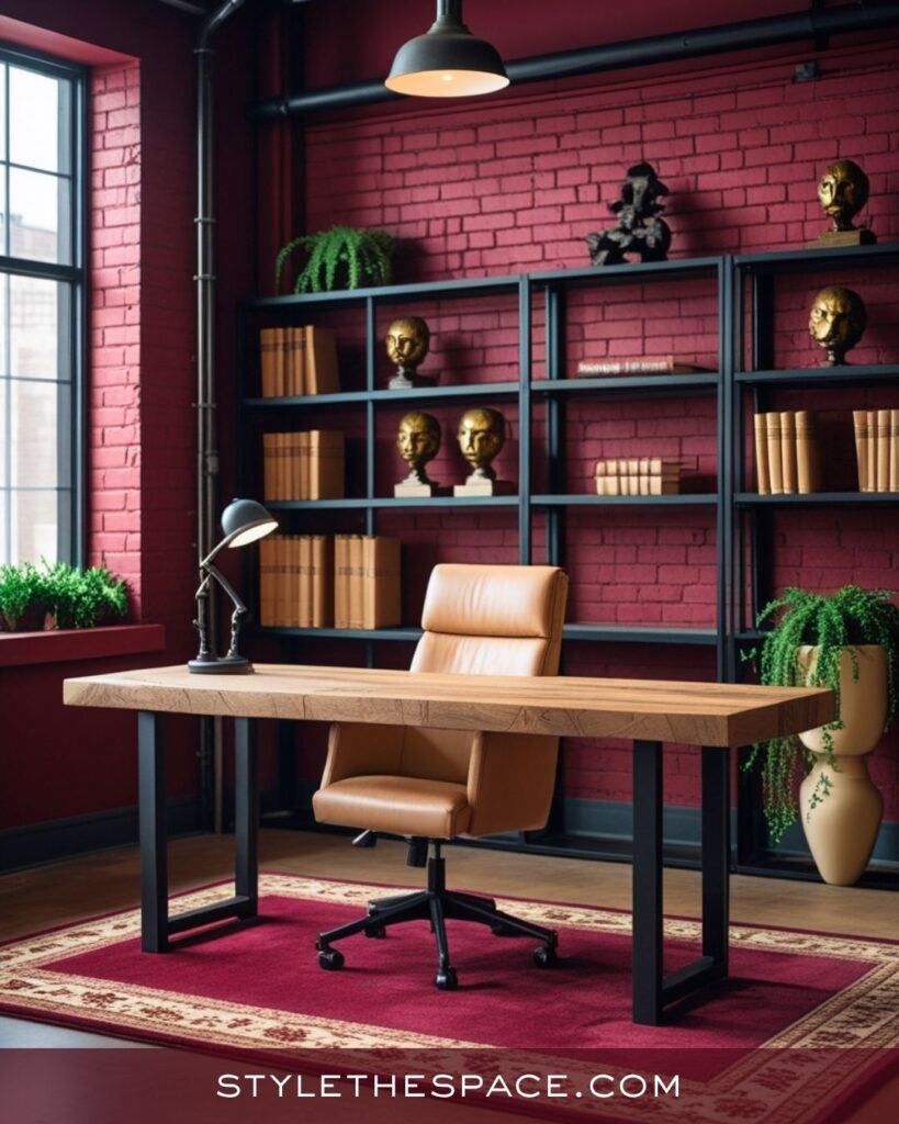 Modern Industrial Beige and Burgundy Home Office