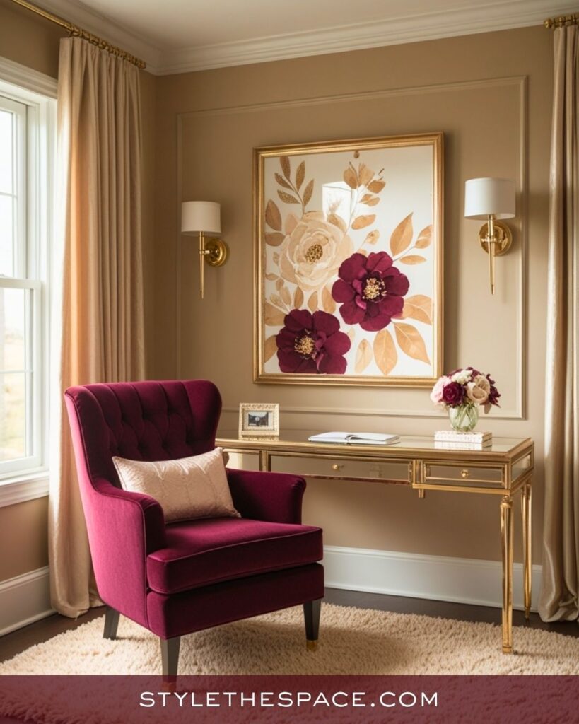 Elegant Beige and Burgundy Home Office with a Touch of Glamour