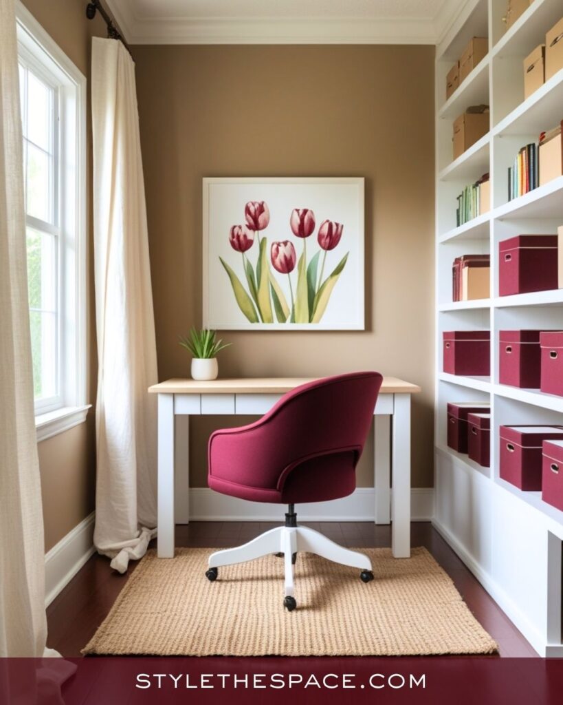 Cozy Beige and Burgundy Home Office with Organized Simplicity