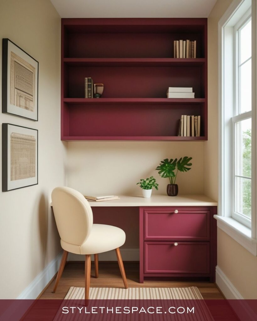 Compact Beige and Burgundy Home Office with Smart Built-In Design