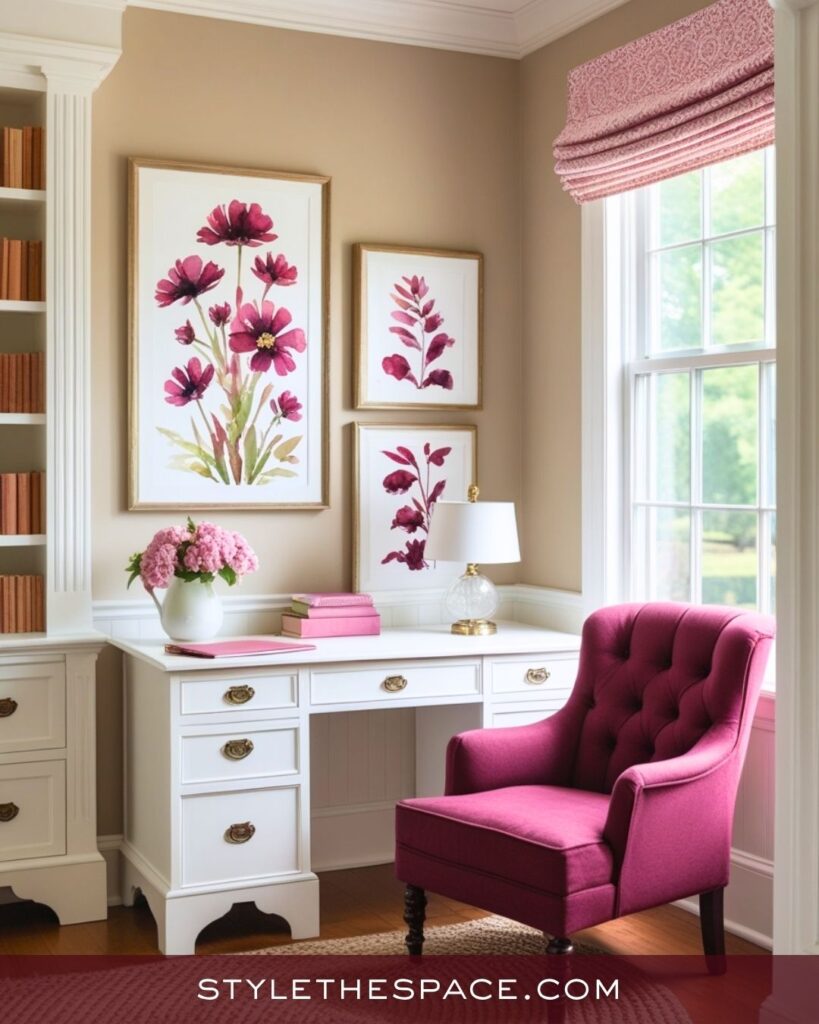 Charming Beige and Burgundy Home Office with Floral Accents