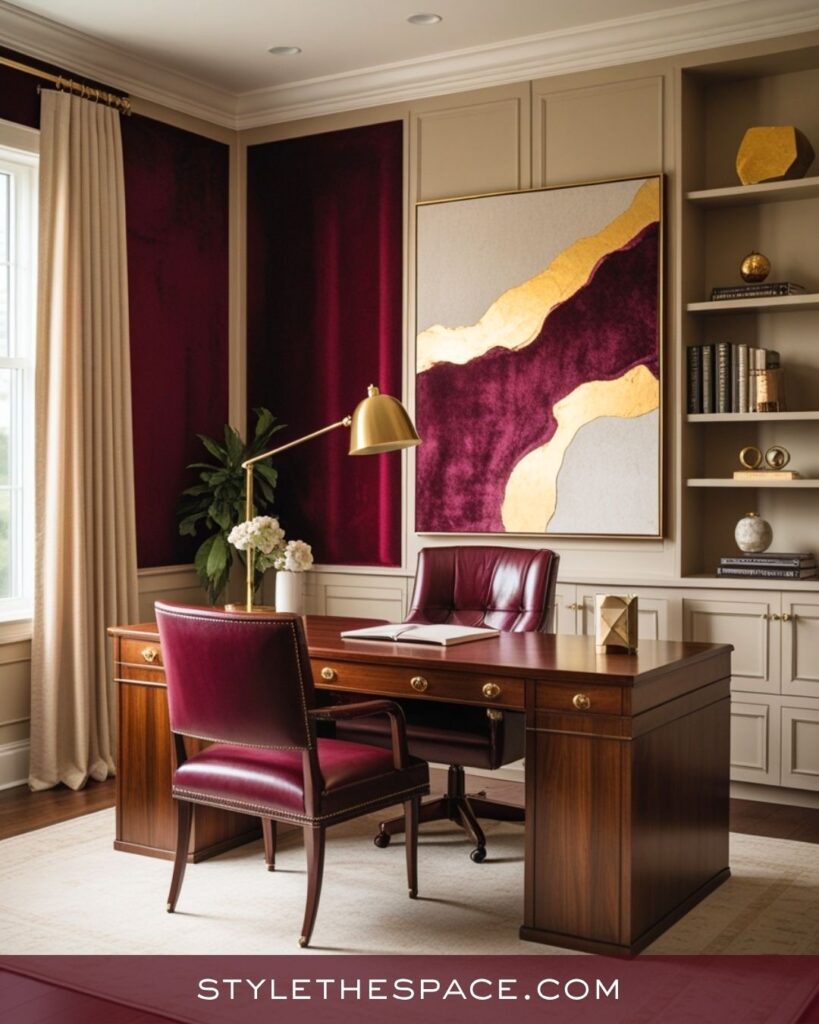 Sophisticated Beige and Burgundy Home Office with Gold Accents