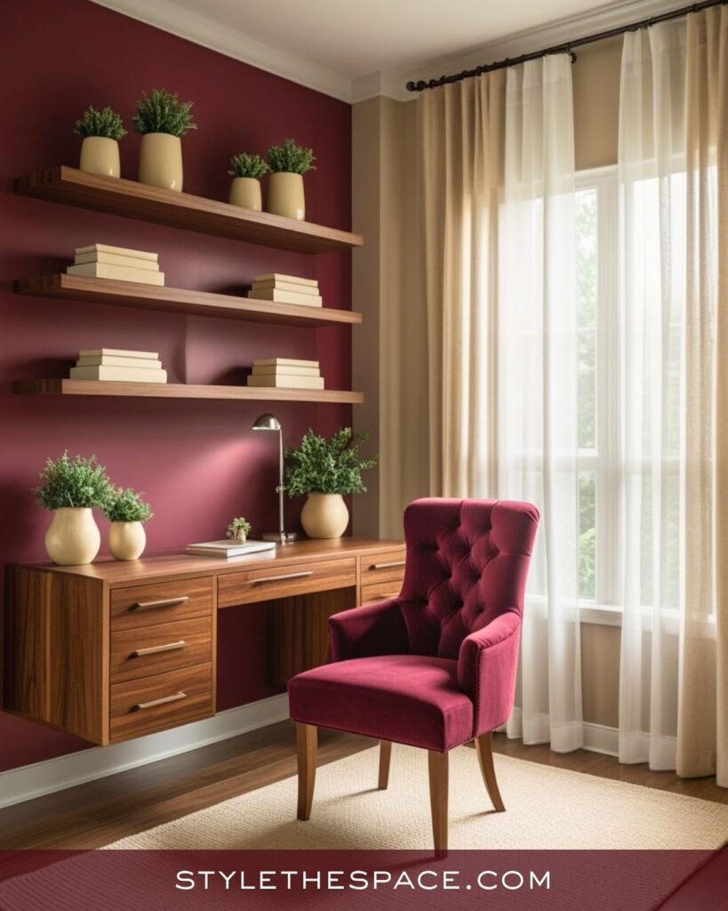 Inviting Beige and Burgundy Home Office with Natural Warmth
