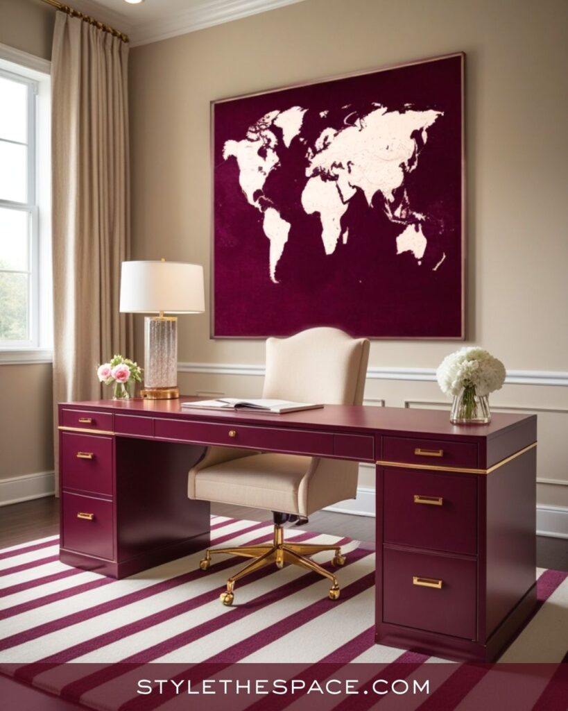 Elegant Beige and Burgundy Home Office with Global Inspiration