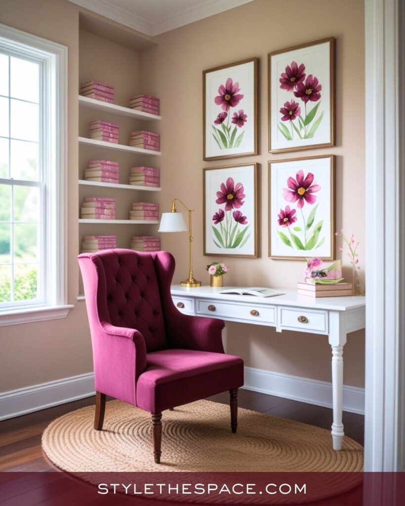 Chic Beige and Burgundy Home Office with Feminine Flair