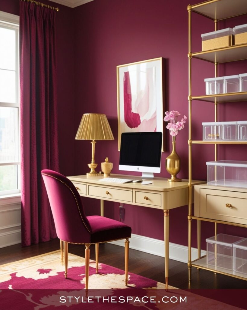 Elegant Beige and Burgundy Home Office with Gold Accents