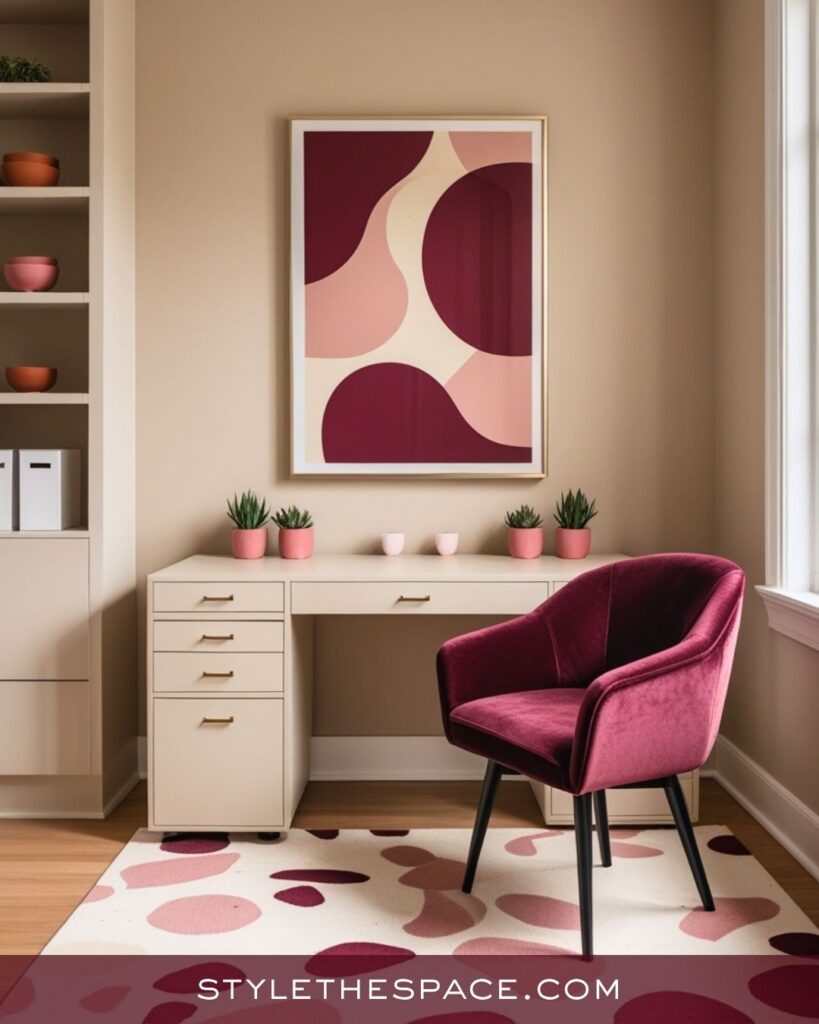 Contemporary Beige and Burgundy Home Office with Artistic Touches