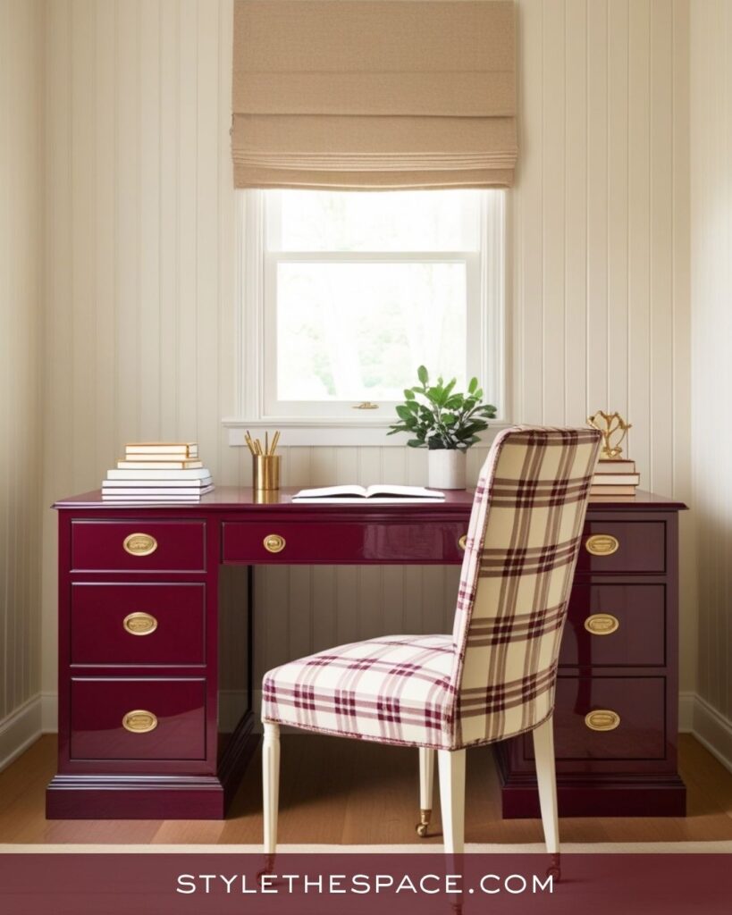 Classic Beige and Burgundy Home Office with Timeless Charm